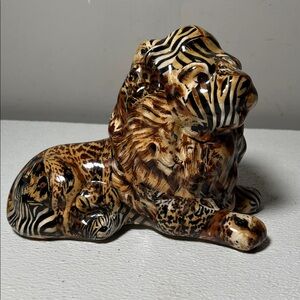 La Vie Safari Vintage Glazed Ceramic Decoupage LION Statue Sculpture